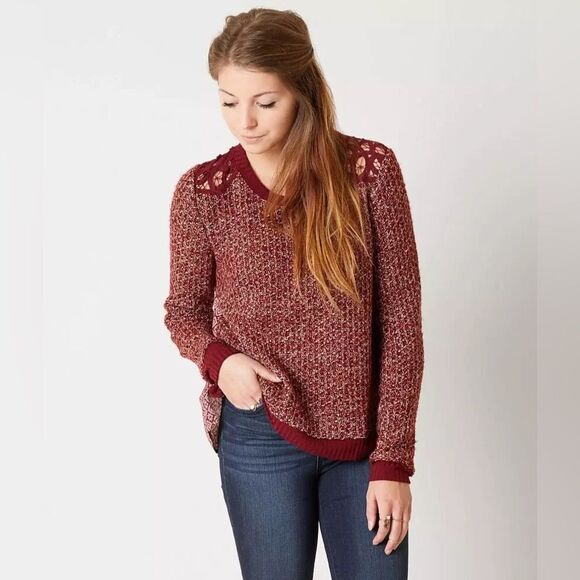 Miss Me Pieced Sweater Lace Details and Silk Back in Burgundy Red Size Small NWT - Picture 1 of 12